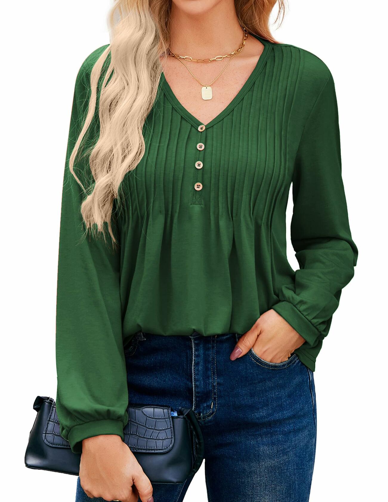 GRACE KARIN Women's Green Long Sleeve V Neck Pleated Blouse Size L