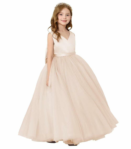 JISISANG Toddler Satin Tulle Dress Champagne Bow-Knot Flower Girl - Size 2