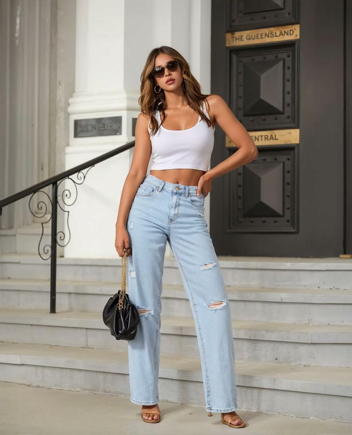 Hybrid & Company Womens Super Comfy Wide Leg High Rise Distressed Jeans Size 11