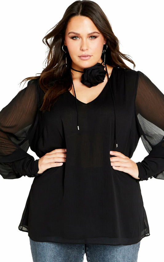 City Chic Women's Plus Size Fleur 2PC Decorative Flower Neck Tie Top 18 Black