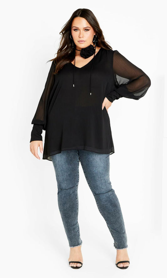 City Chic Women's Plus Size Fleur 2PC Decorative Flower Neck Tie Top 18 Black