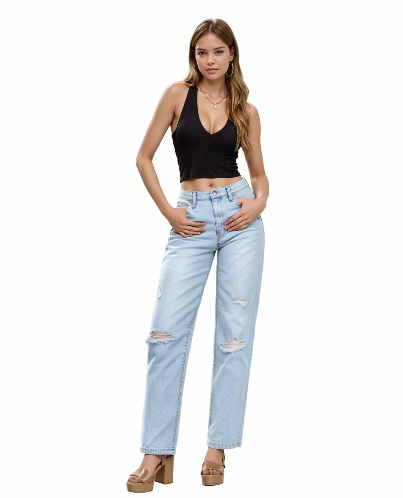Hybrid & Company Womens Super Comfy Wide Leg High Rise Distressed Jeans Size 11