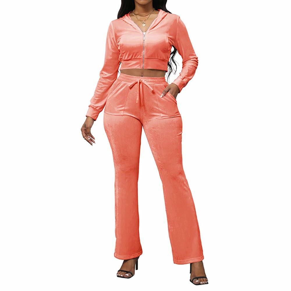 PINSV Women 2PC Velour Tracksuit Set Pink XXL Zip Hoodie & Bootcut Pants