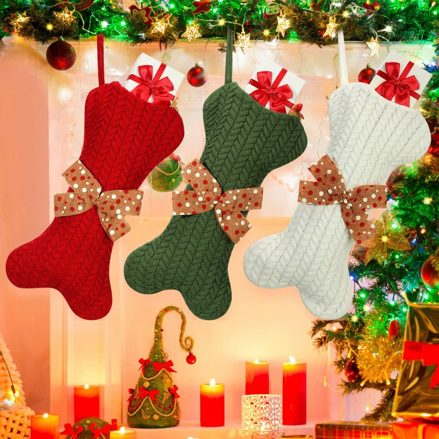 Jerify 3 Pc Dog Christmas Stocking Bone Shape White Knitted Xmas Decor