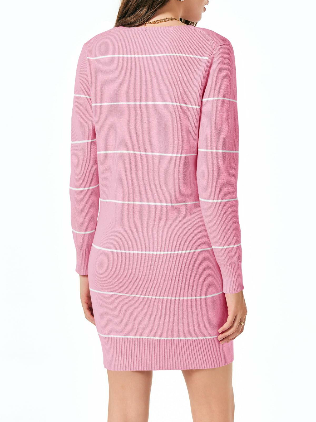 Saodimallsu Womens Pink Striped Sweater Dress Ribbed Knit Mini Long Sleeve