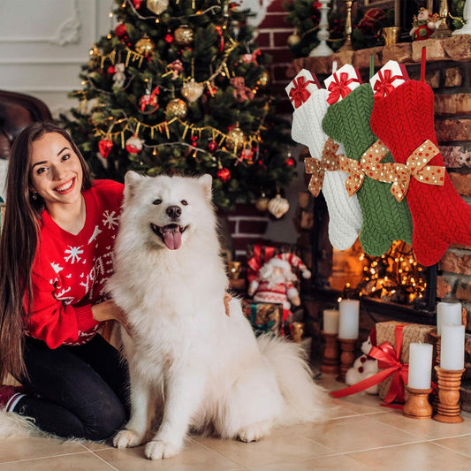 Jerify 3 Pc Dog Christmas Stocking Bone Shape White Knitted Xmas Decor