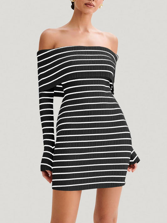 Wenrine Womens Off Shoulder Striped Knit Mini Dress Black Long Sleeve Casual