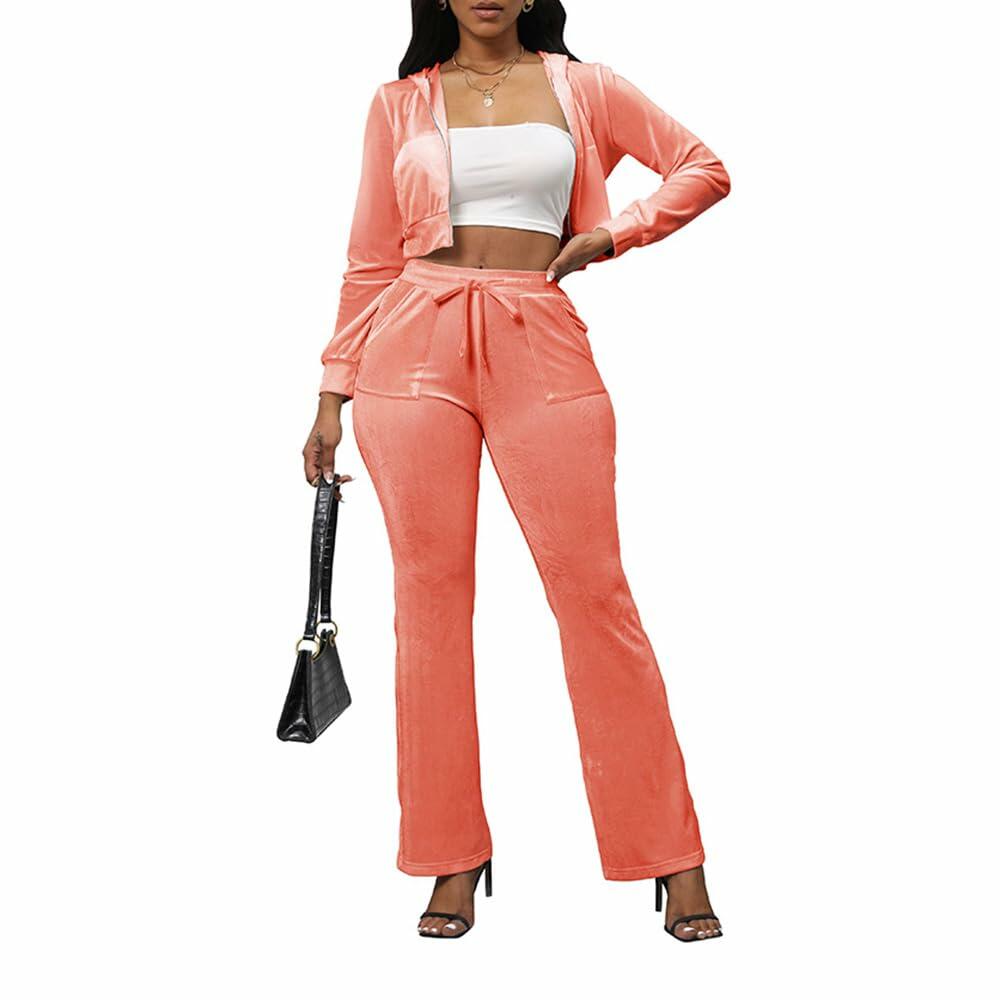 PINSV Women 2PC Velour Tracksuit Set Pink XXL Zip Hoodie & Bootcut Pants