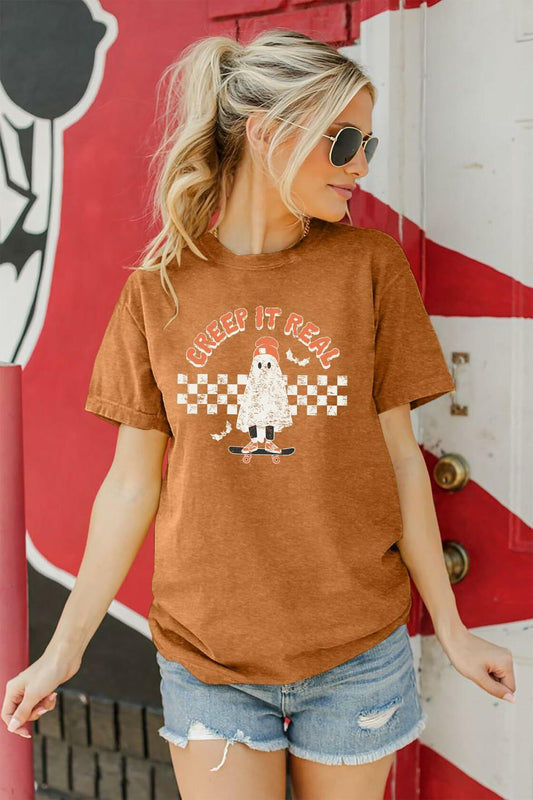 HQP Halloween Ghost T-Shirt Women Brown Graphic Fall Top Spooky Skateboard