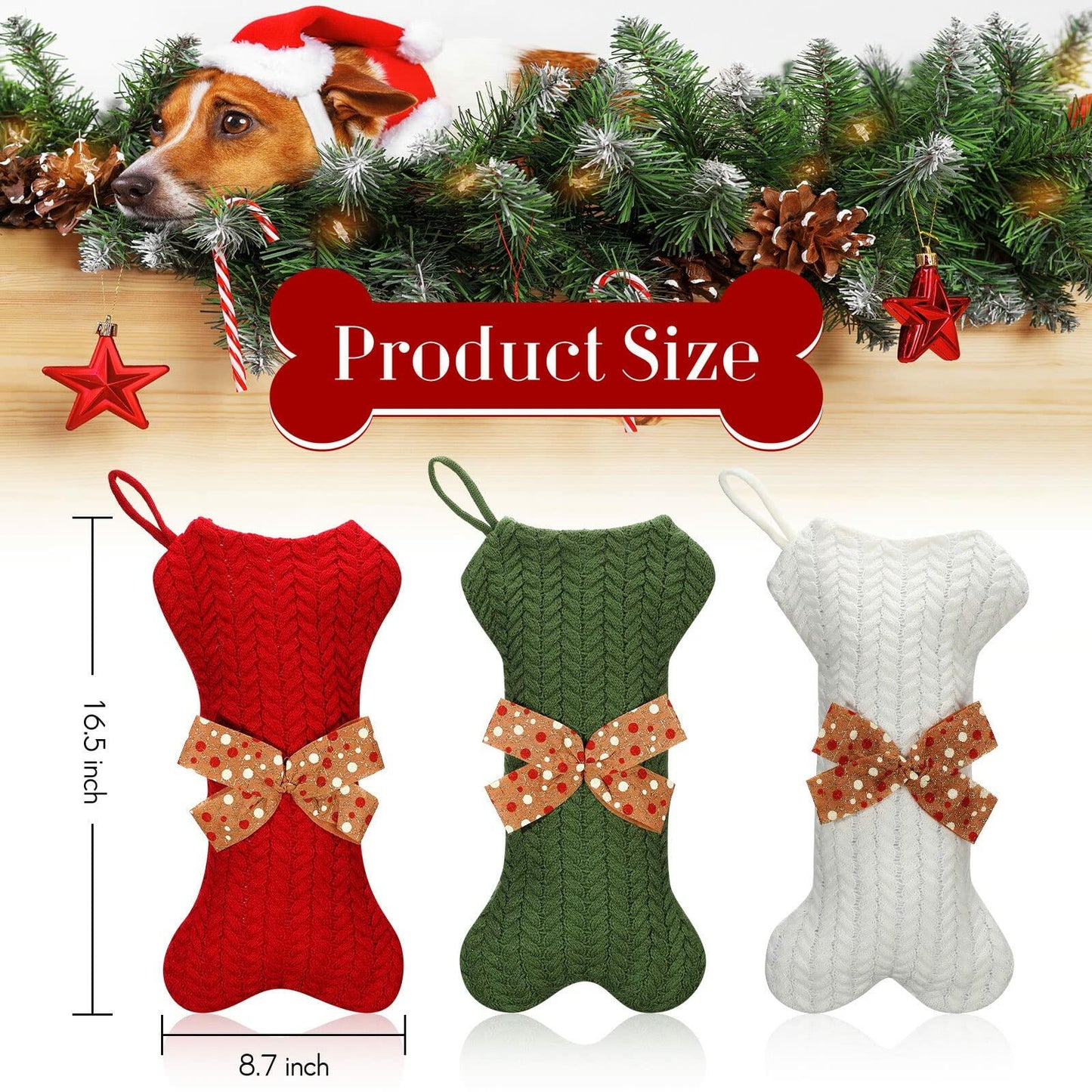 Jerify 3 Pc Dog Christmas Stocking Bone Shape White Knitted Xmas Decor