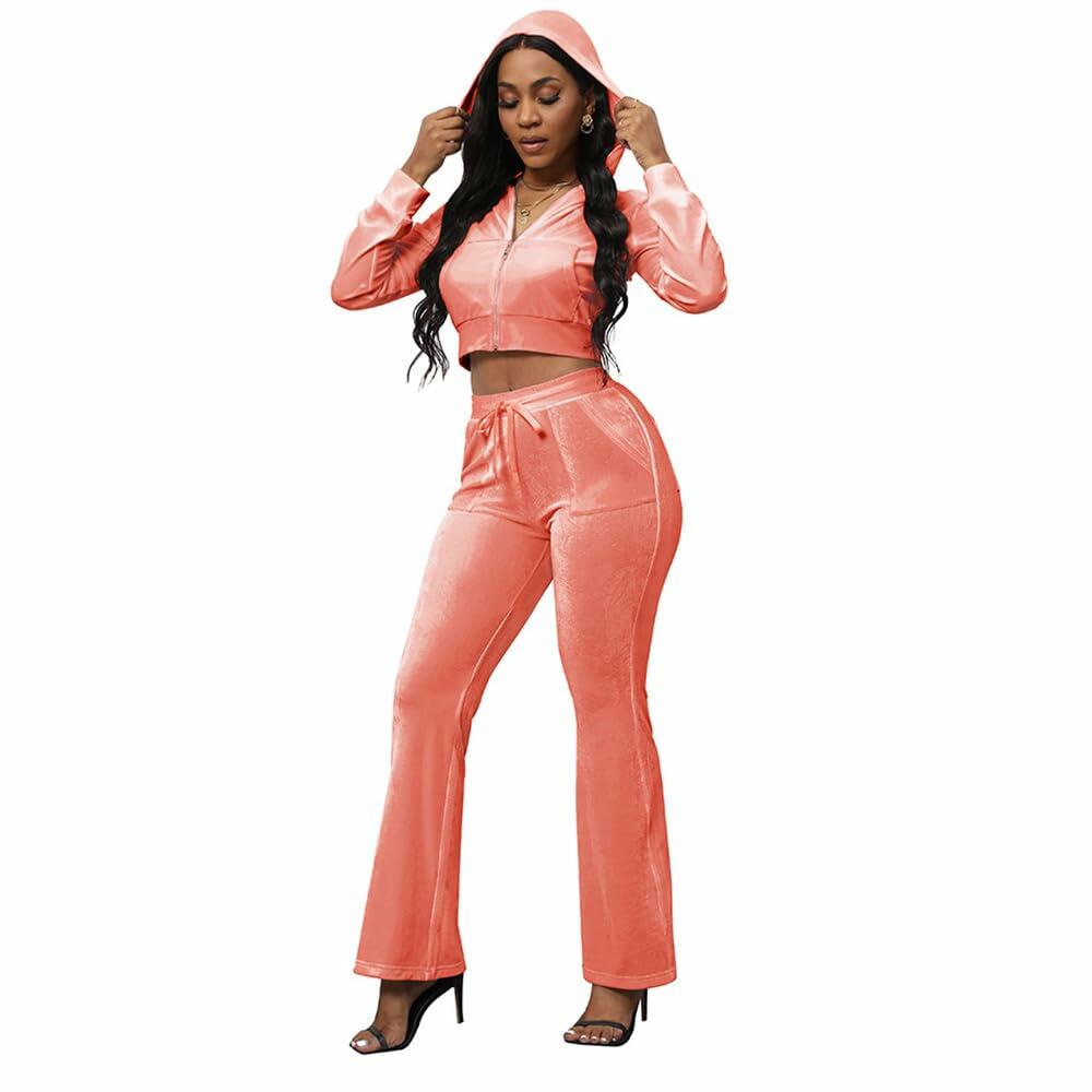 PINSV Women 2PC Velour Tracksuit Set Pink XXL Zip Hoodie & Bootcut Pants