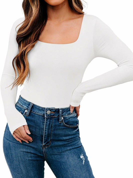 PINKMSTYLE XL White Square Neck Long Sleeve Slim Fitted Thermal Tee