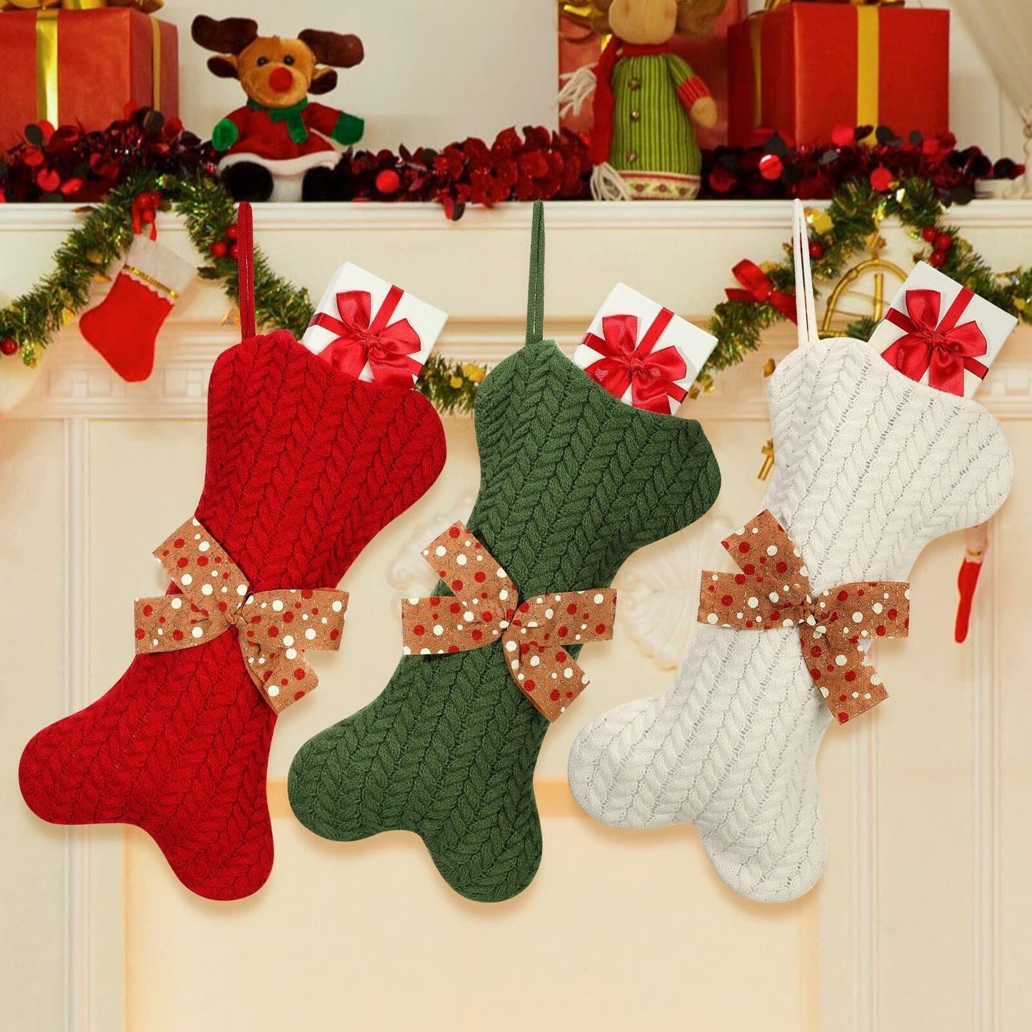 Jerify 3 Pc Dog Christmas Stocking Bone Shape White Knitted Xmas Decor