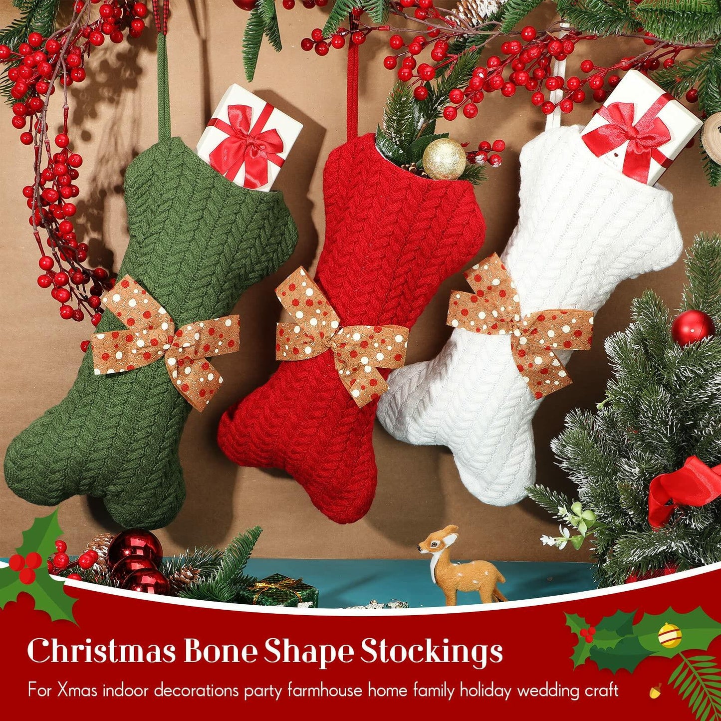 Jerify 3 Pc Dog Christmas Stocking Bone Shape White Knitted Xmas Decor