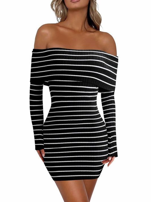 Wenrine Womens Off Shoulder Striped Knit Mini Dress Black Long Sleeve Casual