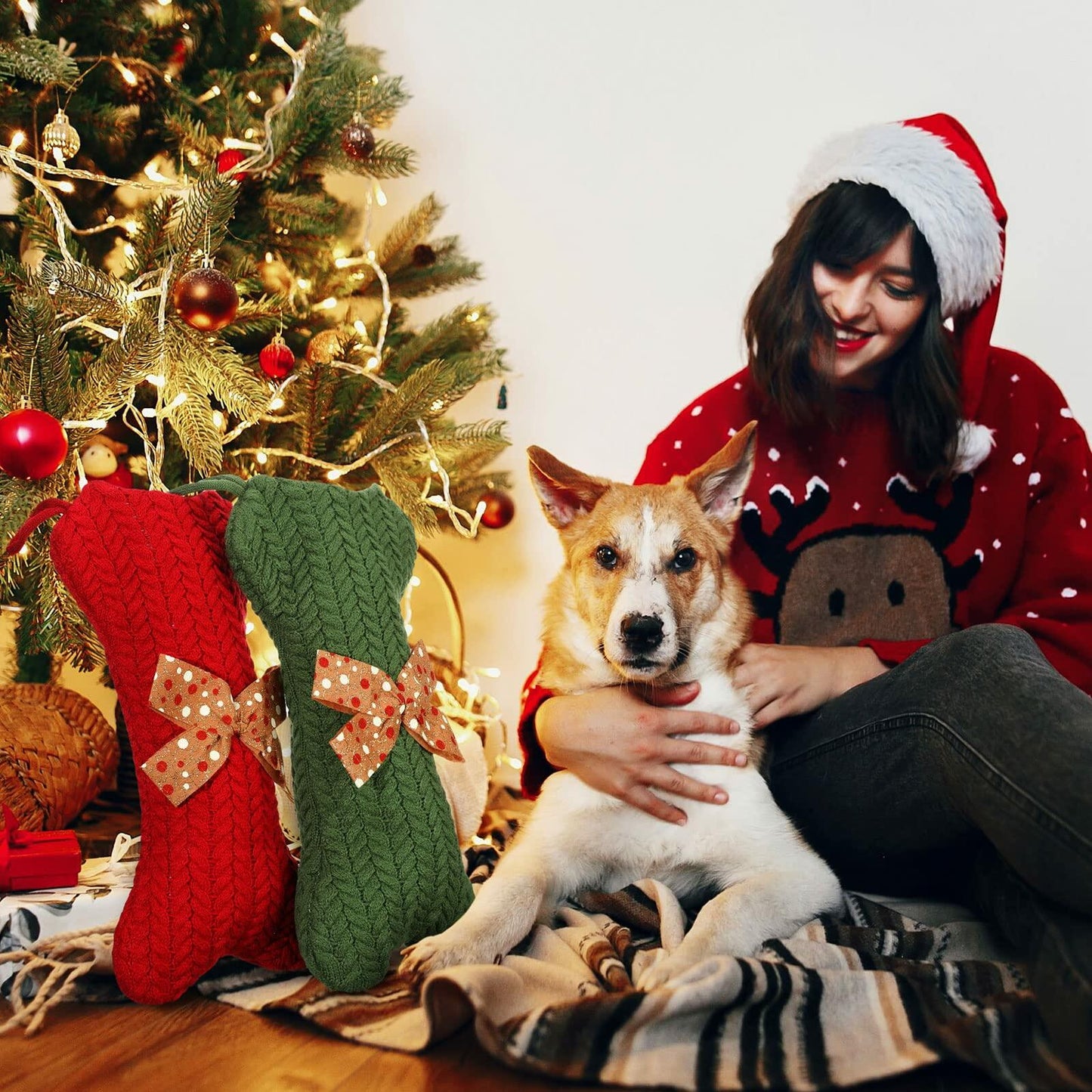 Jerify 3 Pc Dog Christmas Stocking Bone Shape White Knitted Xmas Decor