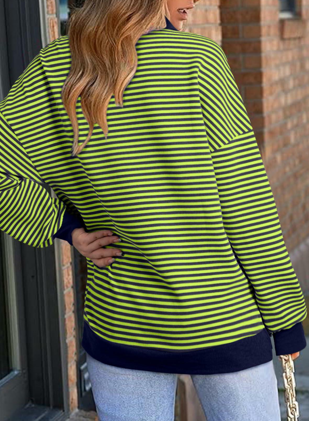 AlvaQ Womens Blue Colorblock Striped Sweatshirt V-Neck Lapel Size M