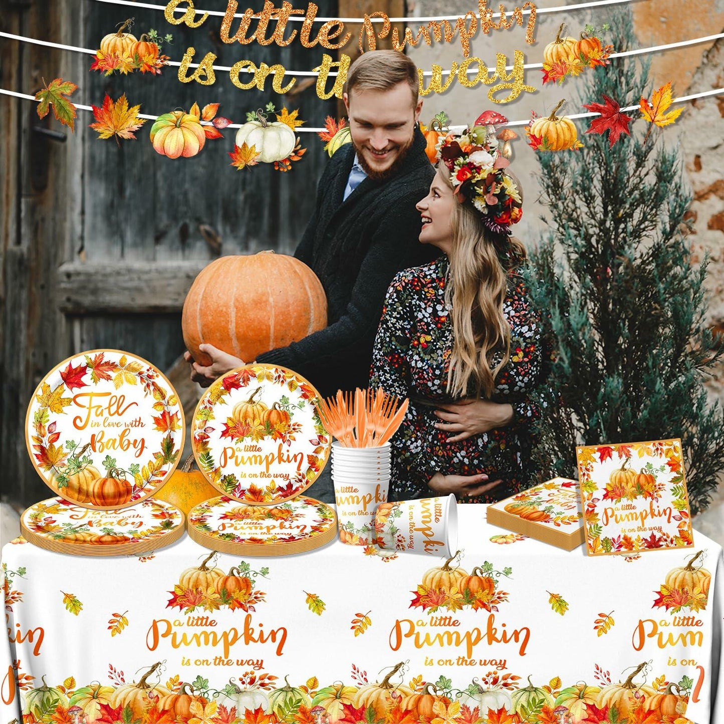 CMUSKO 142Pc Little Pumpkin Baby Shower Set Fall Theme Plates Cups New