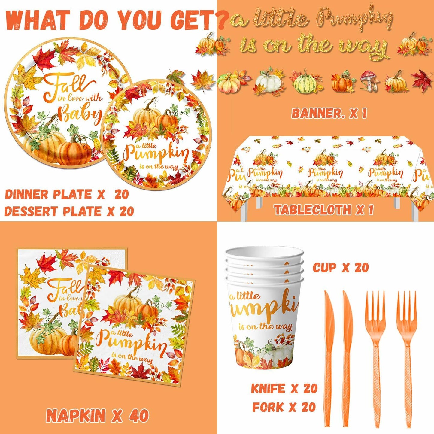 CMUSKO 142Pc Little Pumpkin Baby Shower Set Fall Theme Plates Cups New