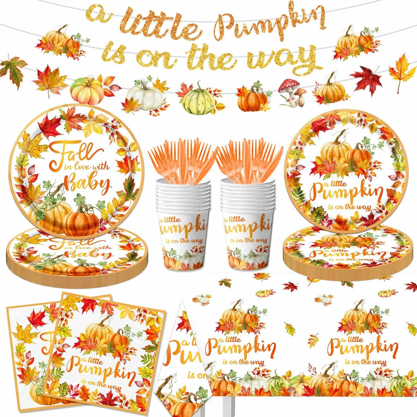 CMUSKO 142Pc Little Pumpkin Baby Shower Set Fall Theme Plates Cups New