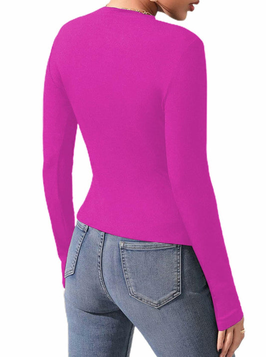 Remidoo Women's Rib Knit Long Sleeve Top Hot Pink Size L