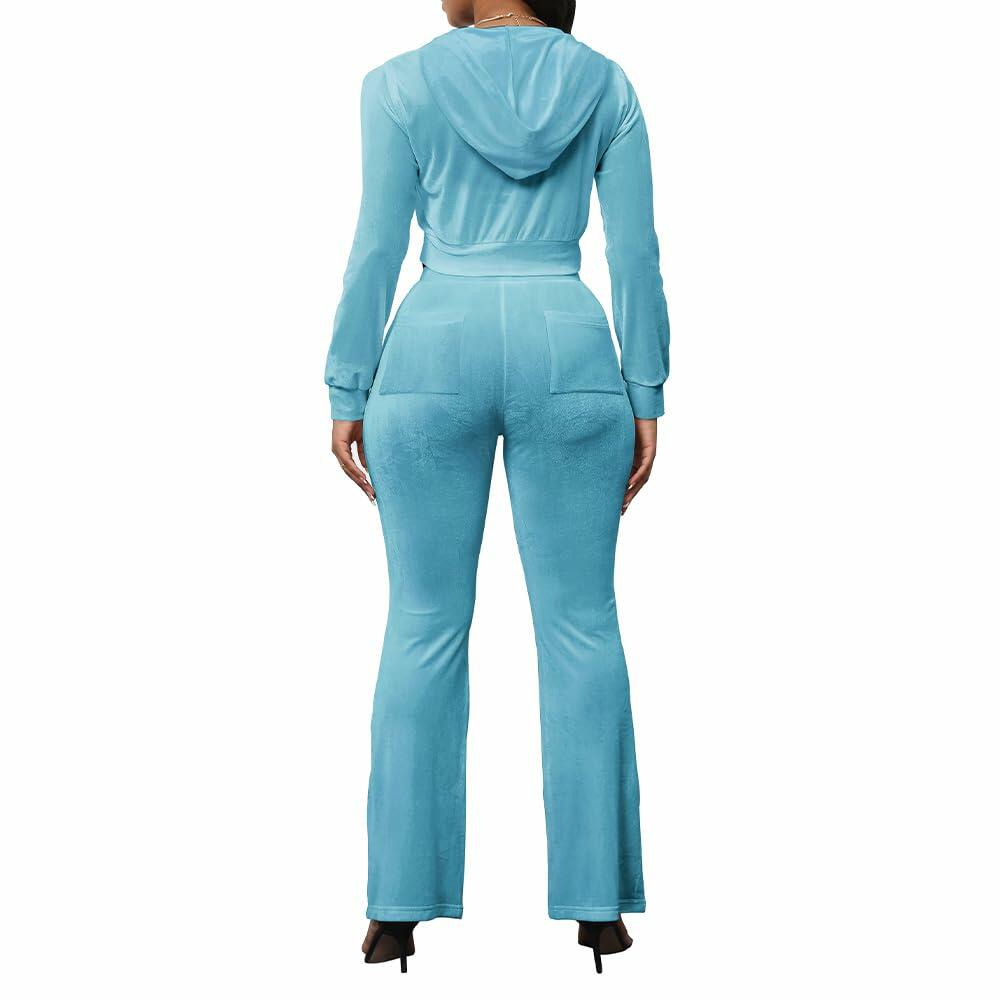 PINSV Women 2PC Velour Tracksuit Set Light Blue Zip Up Crop Top S