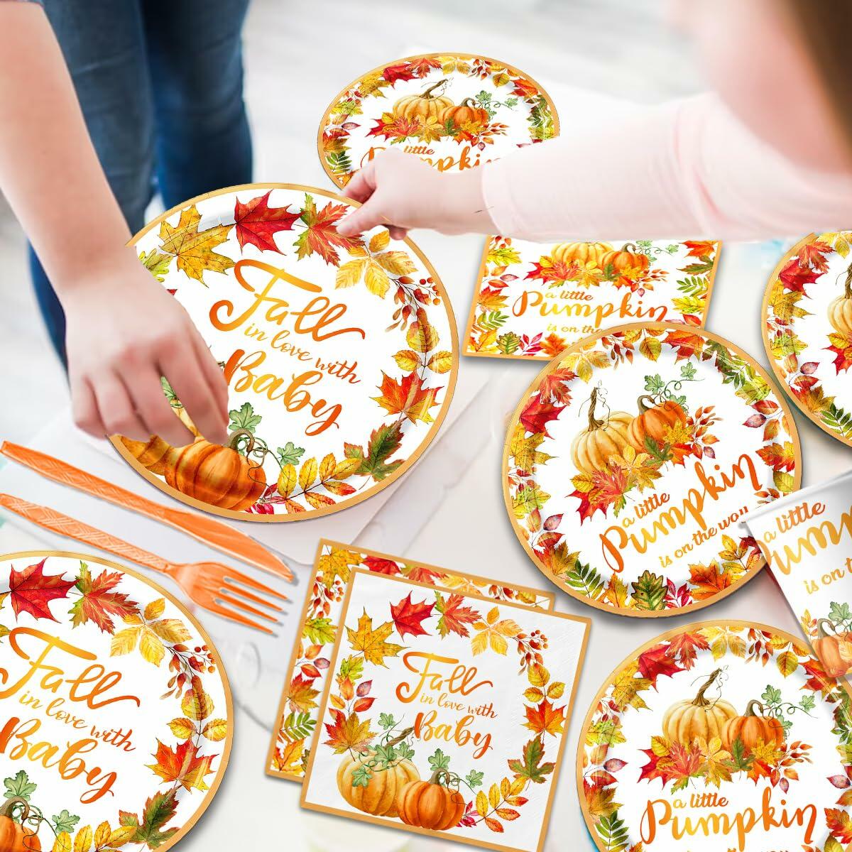 CMUSKO 142Pc Little Pumpkin Baby Shower Set Fall Theme Plates Cups New