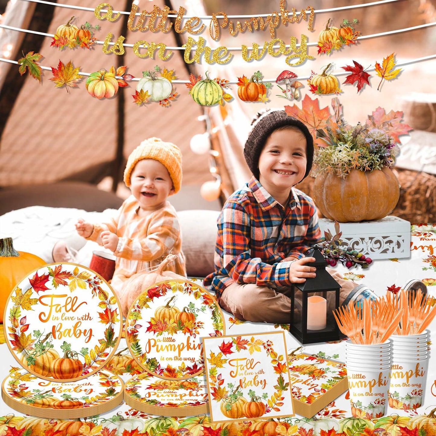CMUSKO 142Pc Little Pumpkin Baby Shower Set Fall Theme Plates Cups New