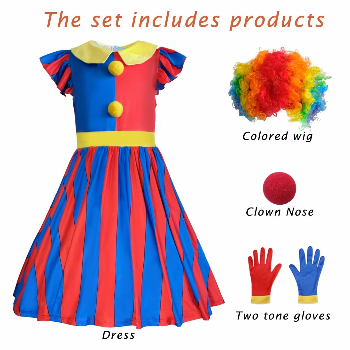 FINASKASU Girls Clown Costume 4 Pcs Set, Halloween Costume 5-6Y