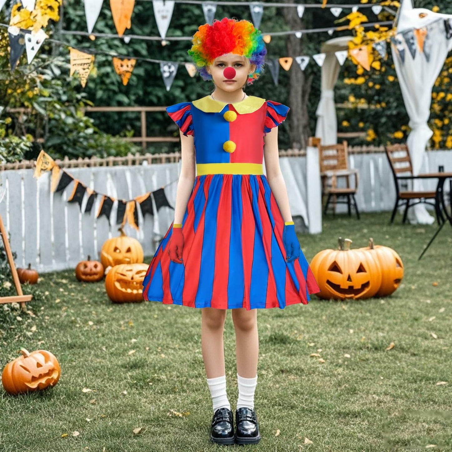 FINASKASU Girls Clown Costume 4 Pcs Set, Halloween Costume 5-6Y