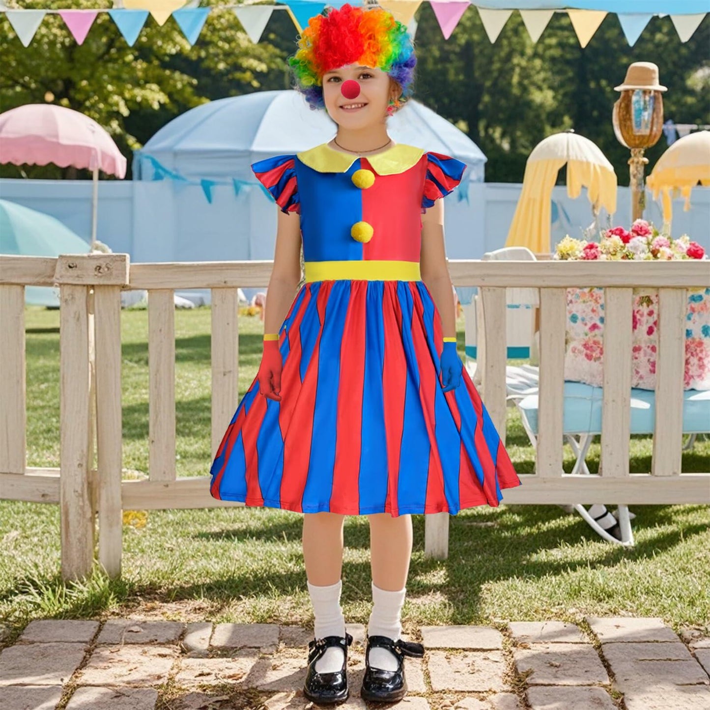FINASKASU Girls Clown Costume 4 Pcs Set, Halloween Costume 5-6Y