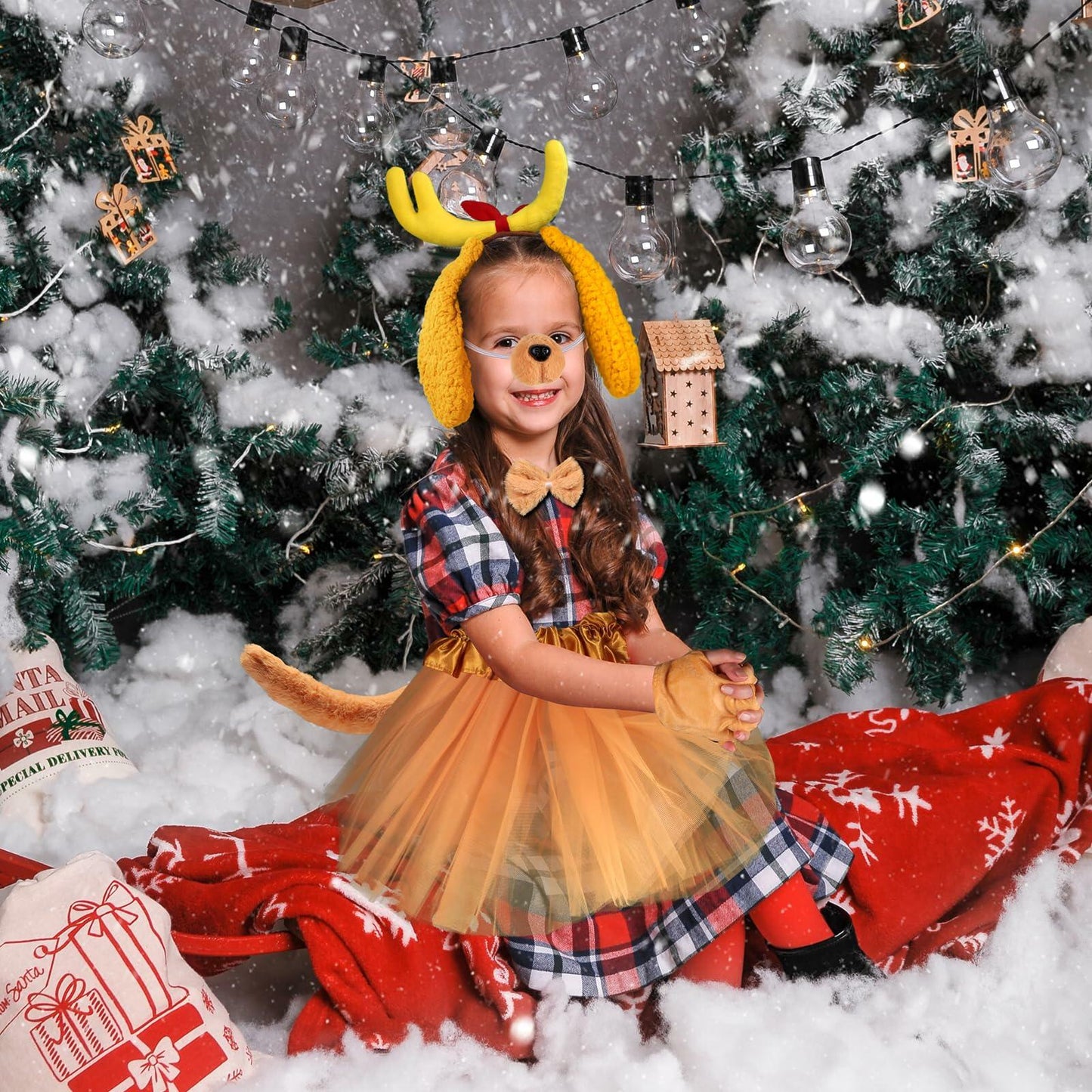 PAJXNJC Deer Antler Headband Set Yellow Christmas Party Favors Nose Bow Tail