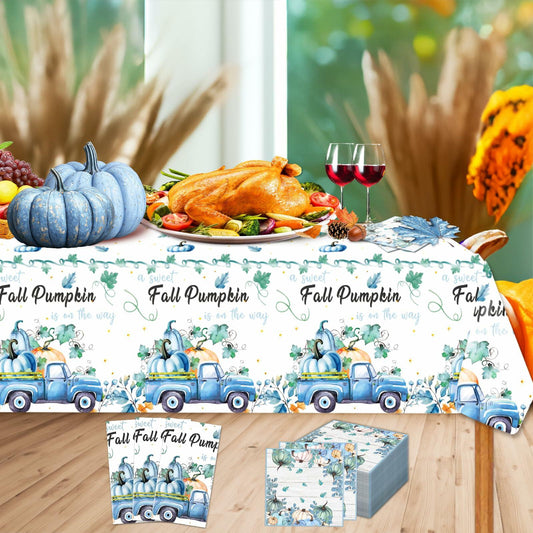 3 Pc Blue Fall Thanksgiving Tablecloth Set 54x108in + 60 Napkins Disposable