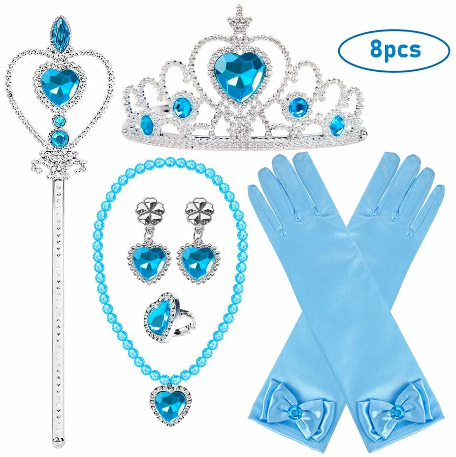 AMOR 8PCS Princess Dress Up Jewelry Set Toddler Girls Gloves Tiara