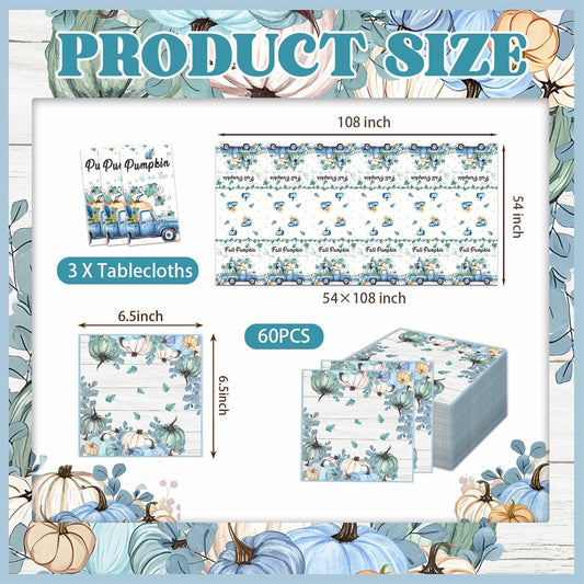 3 Pc Blue Fall Thanksgiving Tablecloth Set 54x108in + 60 Napkins Disposable