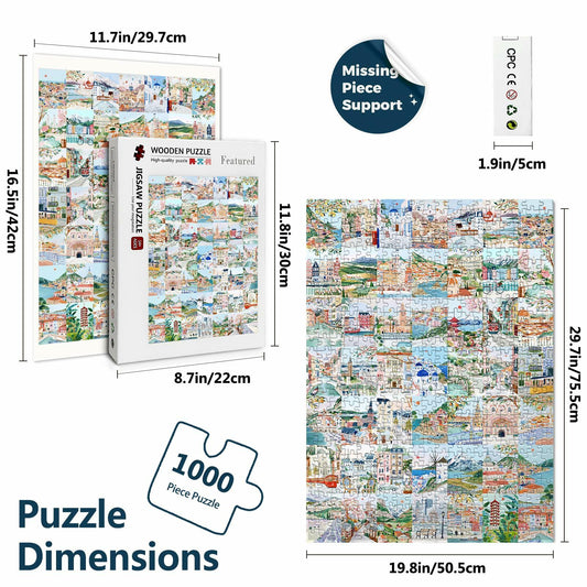 World Travel Wooden Puzzle 1000 Pieces - 49 Travel Posters Jigsaw Decor