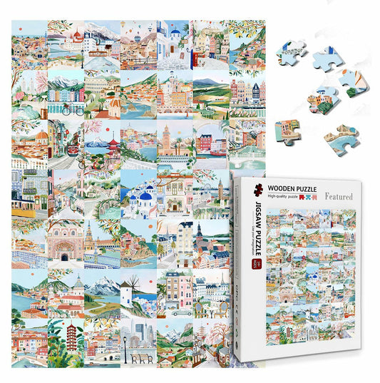 World Travel Wooden Puzzle 1000 Pieces - 49 Travel Posters Jigsaw Decor