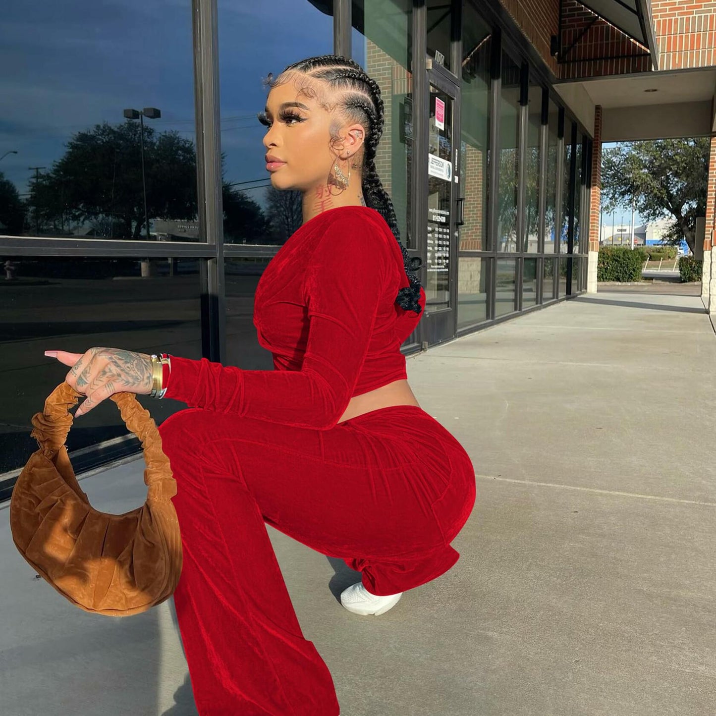 Womens 2PC Velour Hoodie Jogger Tracksuit Set Velvet Crop Top Pants Pockets