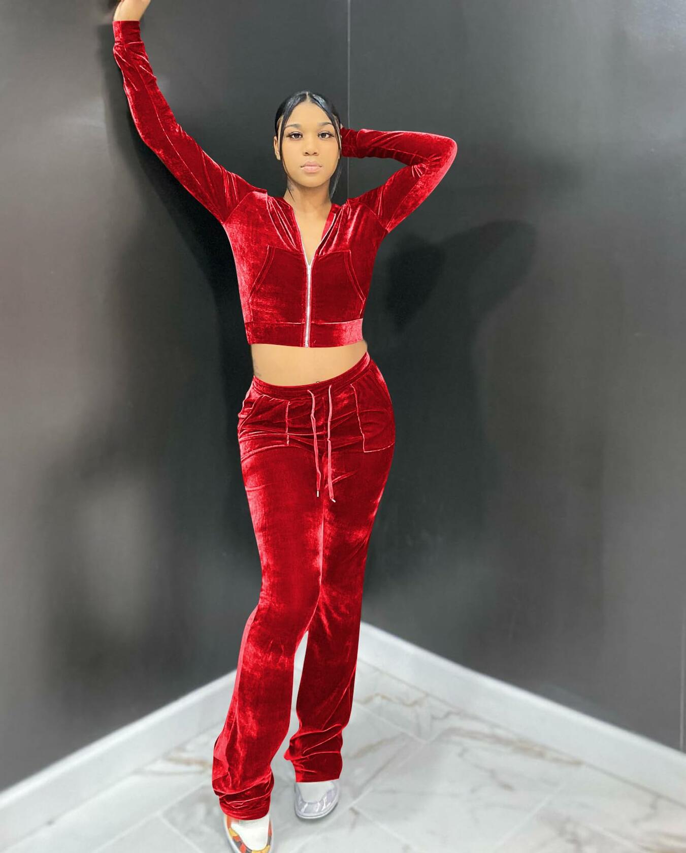 Womens 2PC Velour Hoodie Jogger Tracksuit Set Velvet Crop Top Pants Pockets