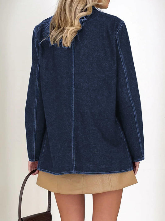 Fisoew Womens Denim Blazer Jacket Long Sleeve Blue Single Breasted - Medium