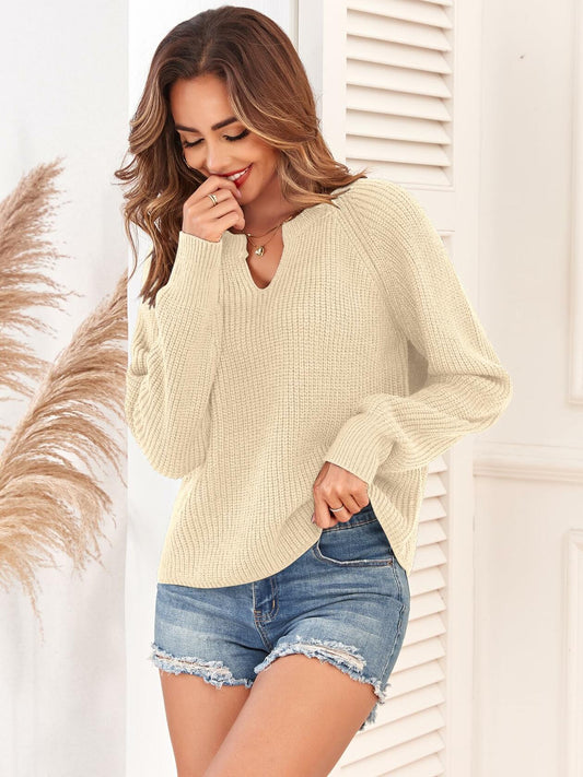 ZAFUL Apricot Ribbed Knit V Neck Long Sleeve Sweater Size M