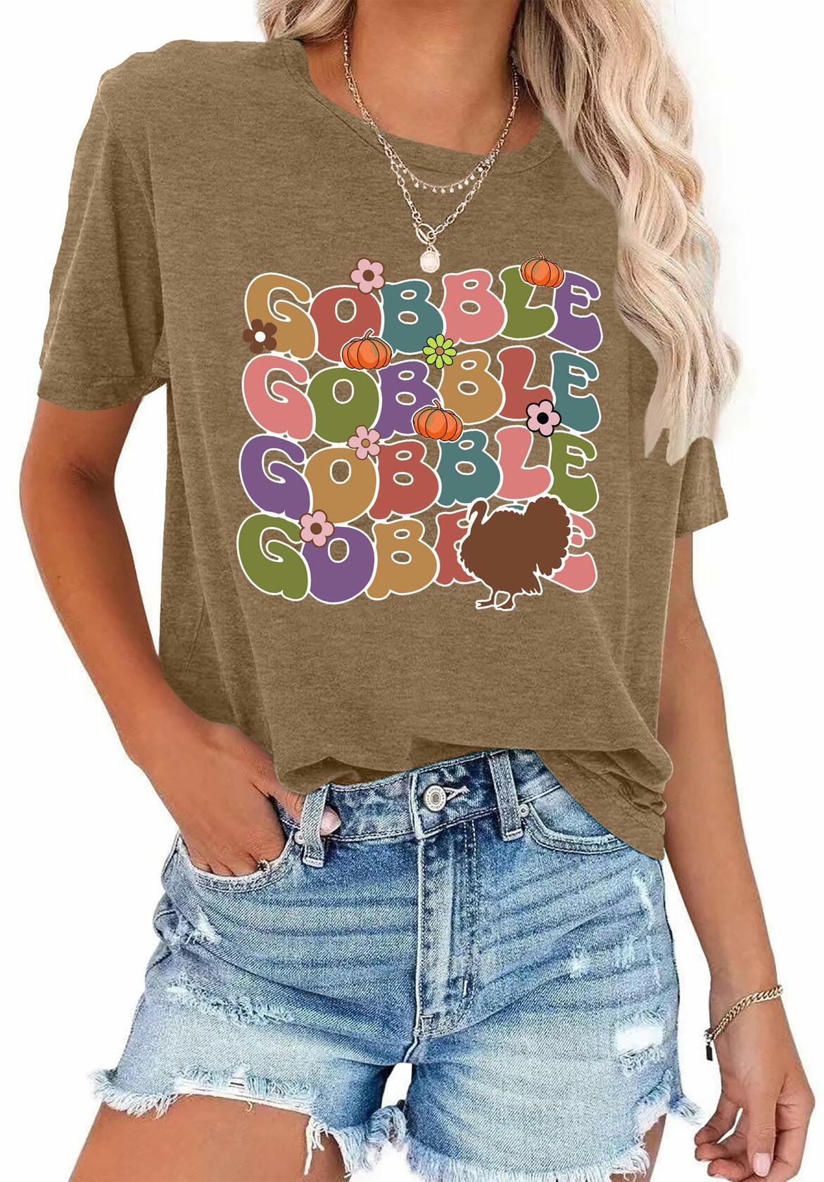 Gobble Gobble Women's Thanksgiving Shirt Khaki Short Sleeve Cute Graphic XL