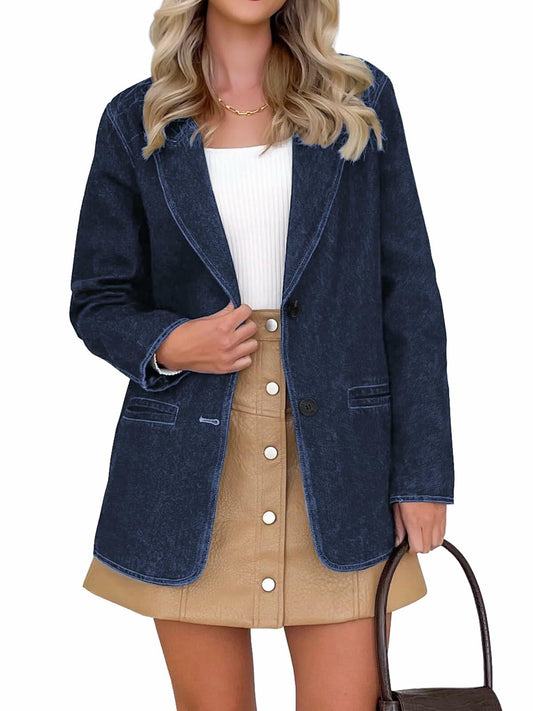 Fisoew Womens Denim Blazer Jacket Long Sleeve Blue Single Breasted - Medium