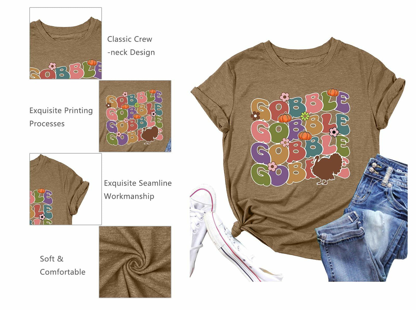 Gobble Gobble Women's Thanksgiving Shirt Khaki Short Sleeve Cute Graphic XL