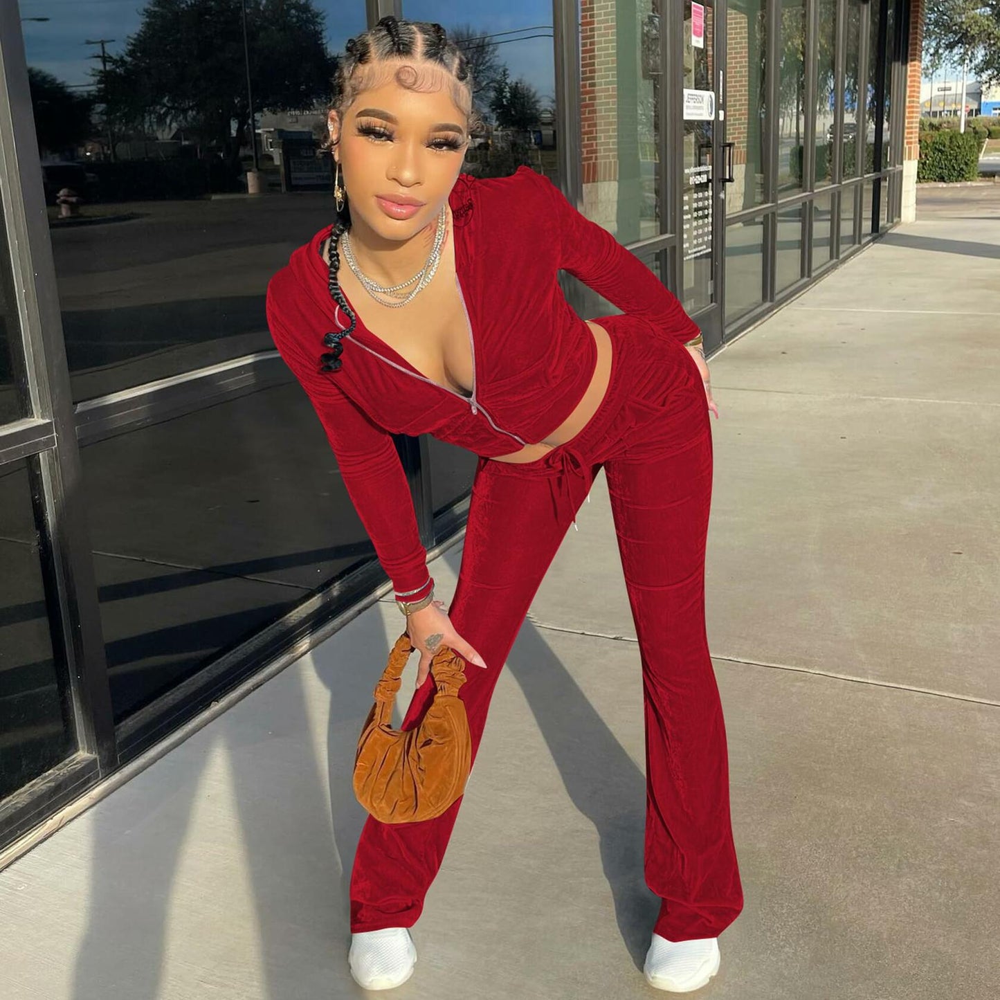 Womens 2PC Velour Hoodie Jogger Tracksuit Set Velvet Crop Top Pants Pockets