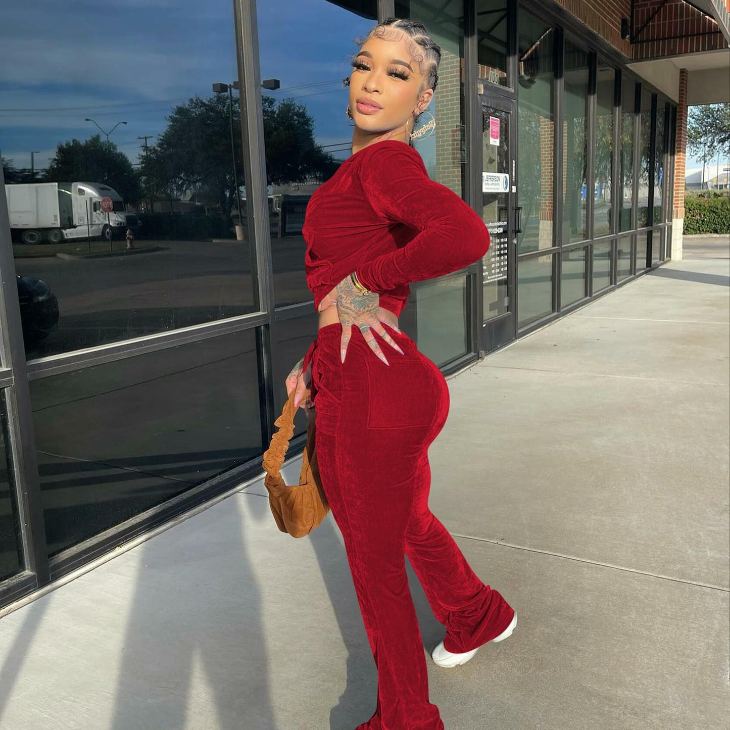 Womens 2PC Velour Hoodie Jogger Tracksuit Set Velvet Crop Top Pants Pockets