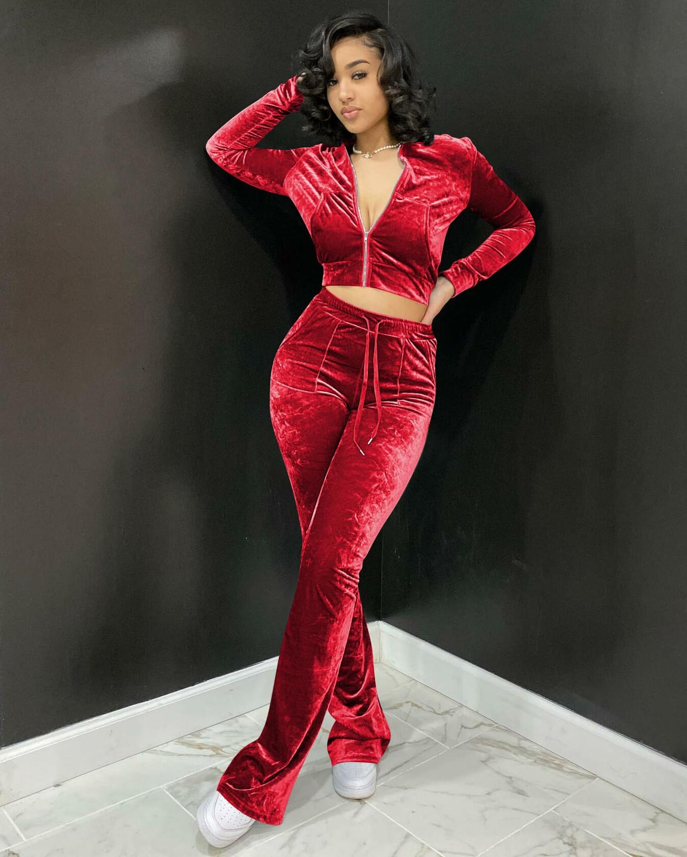 Womens 2PC Velour Hoodie Jogger Tracksuit Set Velvet Crop Top Pants Pockets