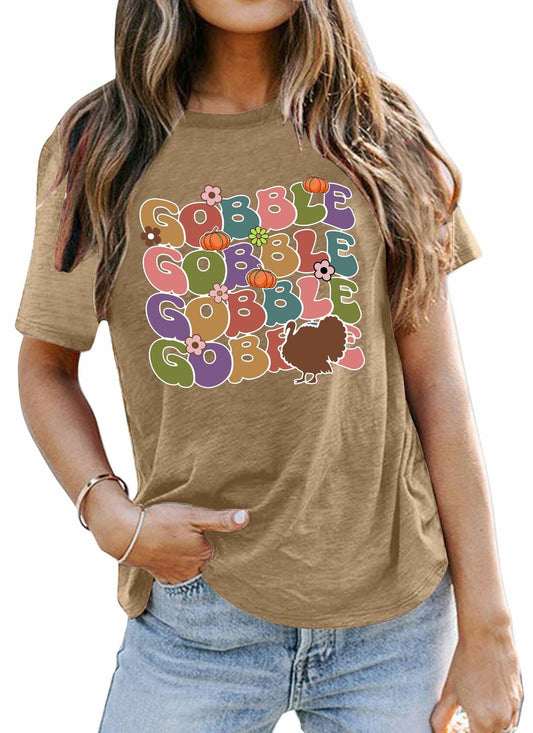 Gobble Gobble Women's Thanksgiving Shirt Khaki Short Sleeve Cute Graphic XL