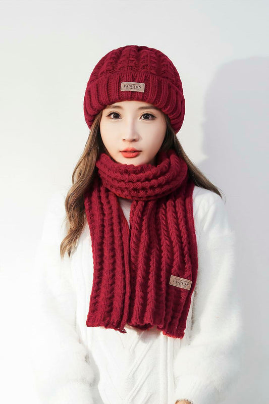 Wander Agio Women's Wool Knit Beanie & Scarf Set Wine Red Size 7 Warm Thick