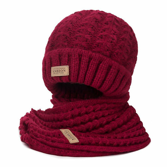 Wander Agio Women's Wool Knit Beanie & Scarf Set Wine Red Size 7 Warm Thick